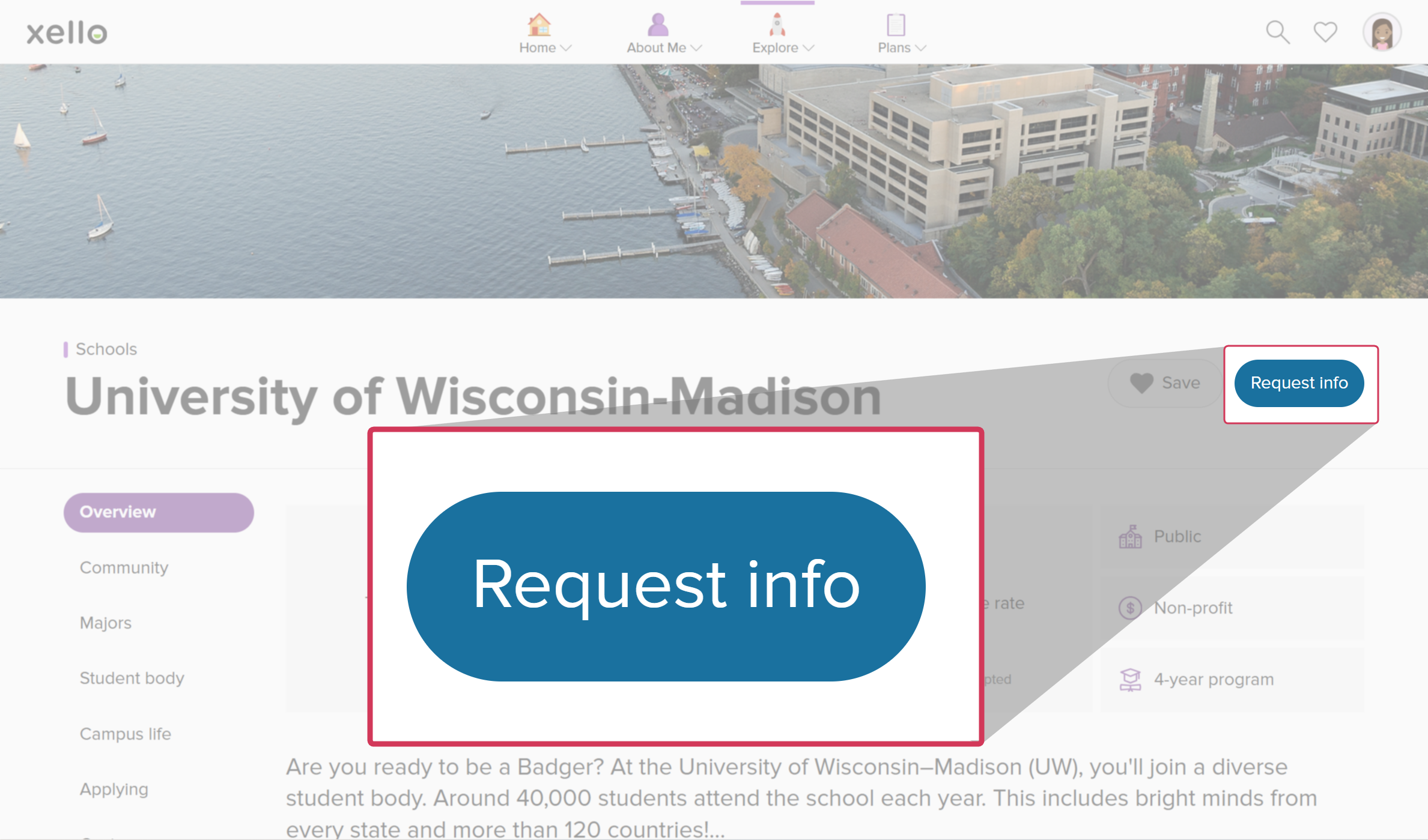 Student account in Xello on a college profile. The cursor is clicking Request info.
